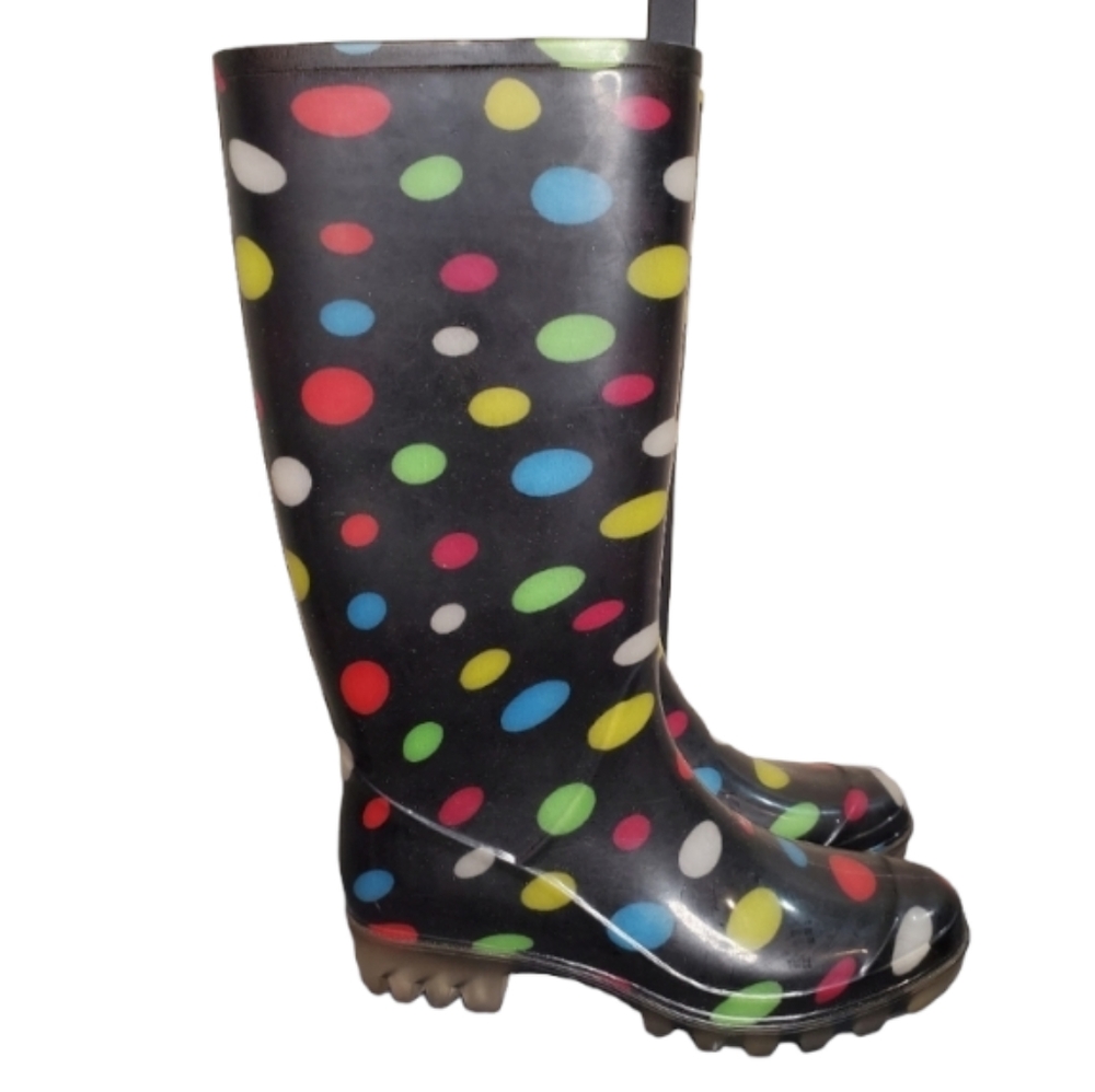 New Black Rubber Rain Boots With Multi Colored Polka Dots Size 6